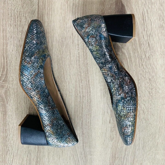Anthropologie Snake Print Metallic Block Heel Closed Toe Pumps - Picture 2 of 6